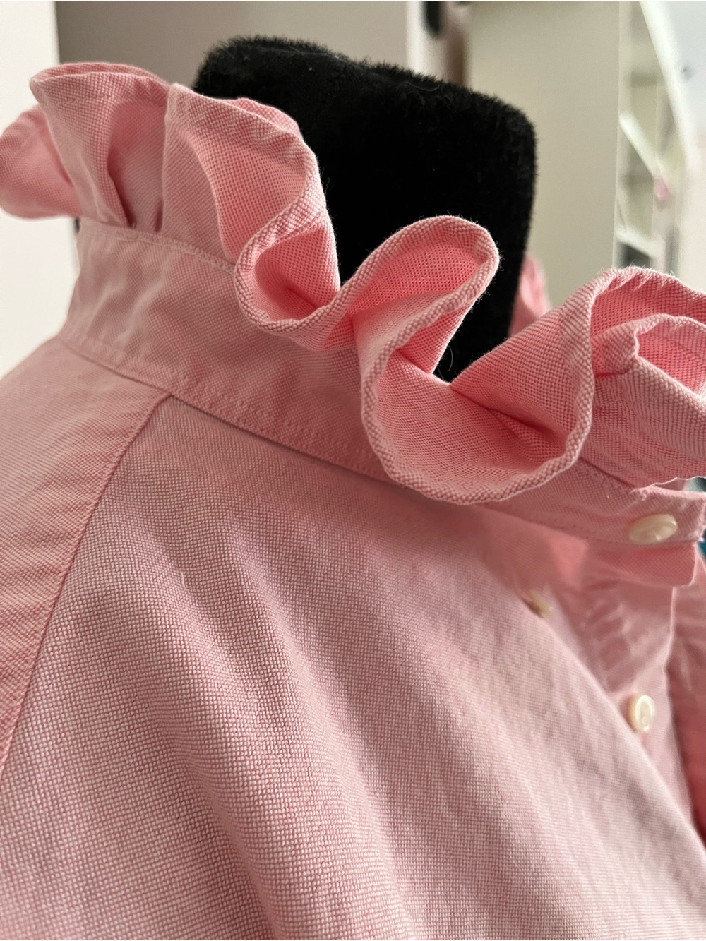Upcycled Ralph Lauren Light Pink Button-Down Oxford Shirt with Ruffle Collar - Picture 6 of 7